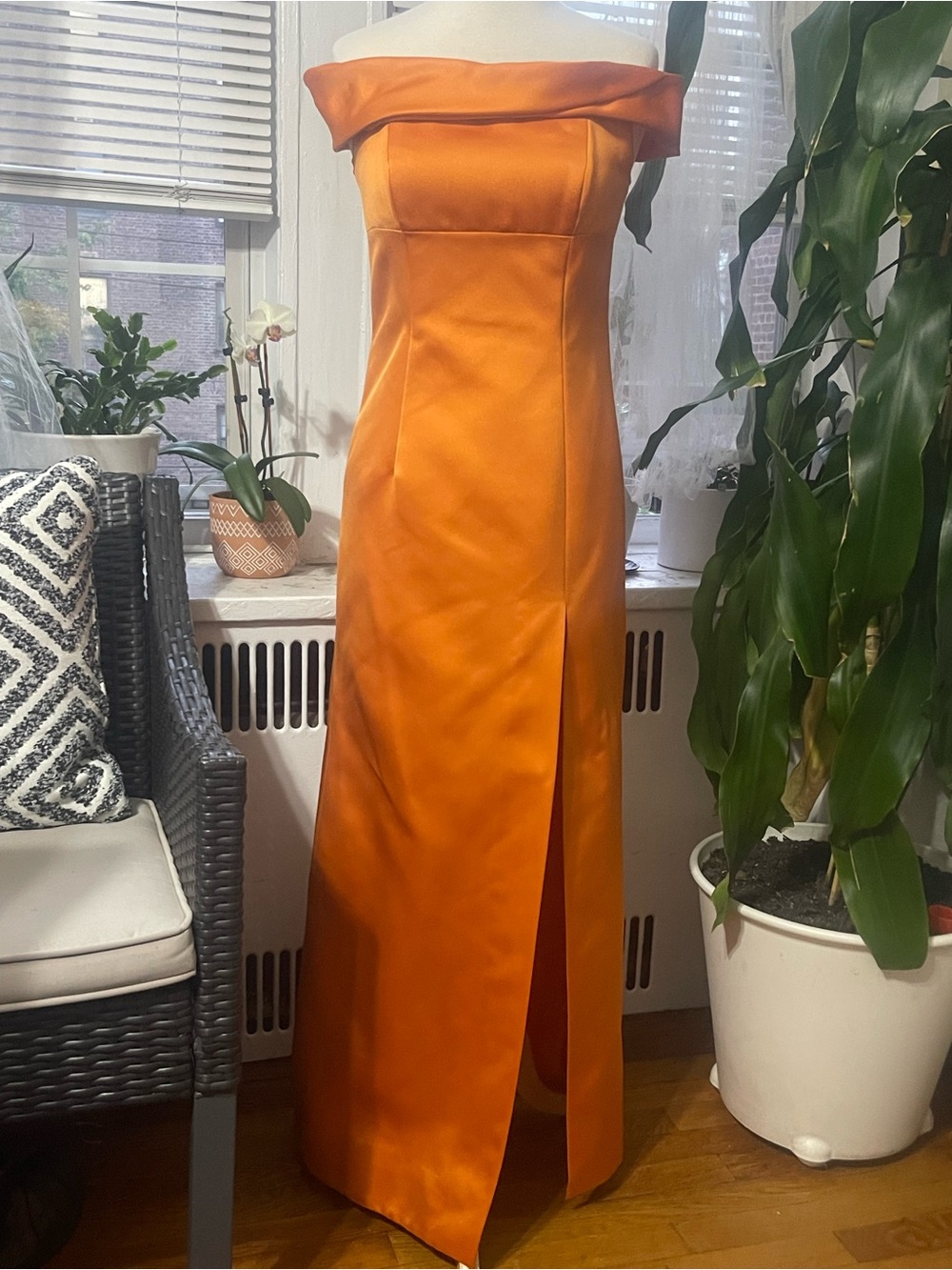 Off-Shoulder Satin Orange Evening Gown